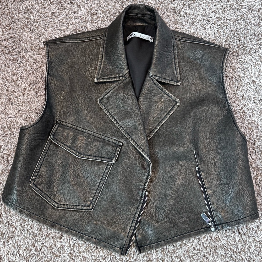 Brown Faux Leather Vest with Asymmetrical Zipper - Women